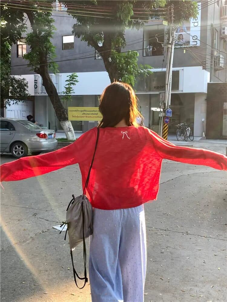 빨간색 얼음 실크 자외선 차단 오픈 가디건 여성 여름 얇은 스타일 외부 가져 가라. 니트 재킷 뒤로 나비 매듭 자수 에어컨 맨위 상세 이미지 13