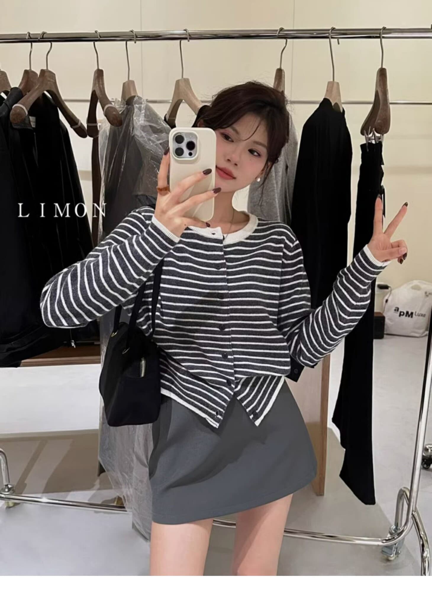 한 부서 품격 캐주얼 스트라이프 라운드 넥 니트 오픈 가디건 여성 봄 고급 센스 예쁜 스웨터 인사이드 가져 가라. 쇼트 스타일 맨위 상세 이미지 4