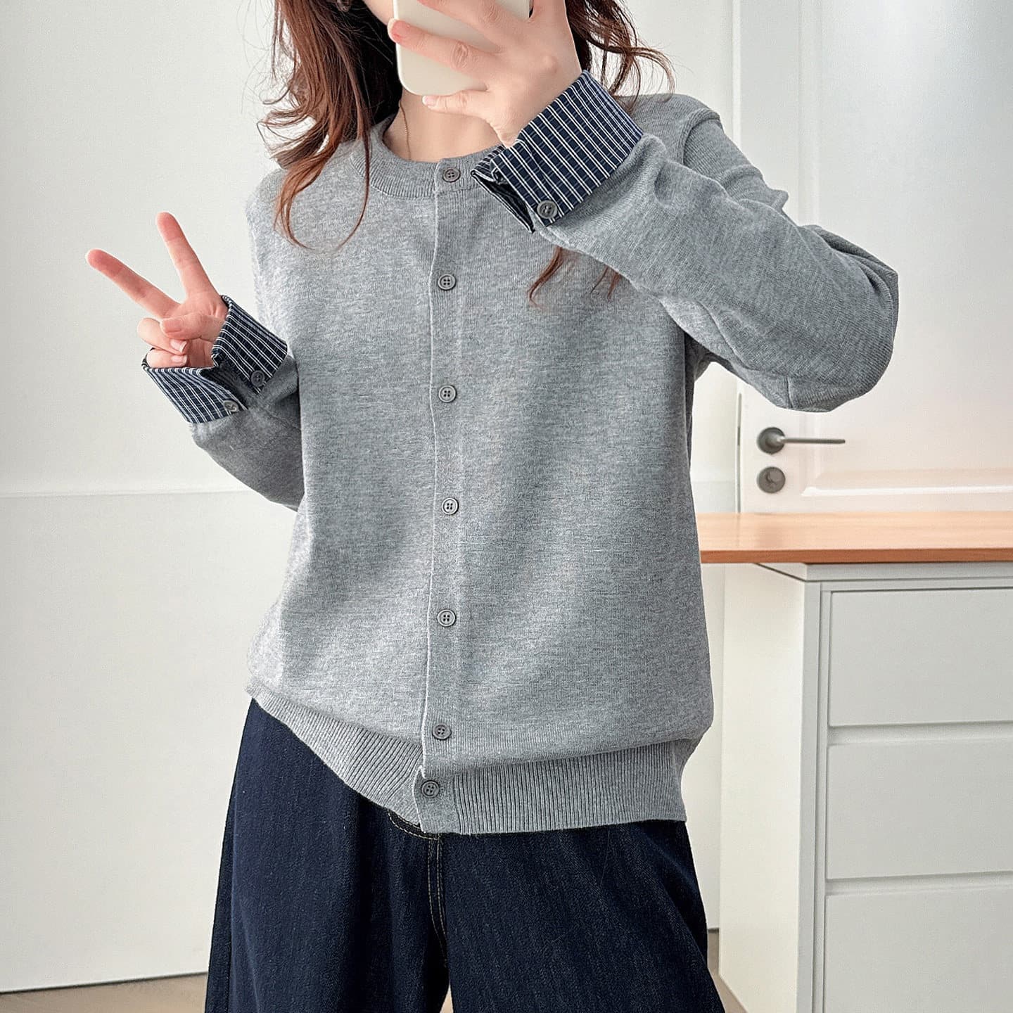 가을 디자인 센스 체크무늬 소매 싸움 패션 연결 라운드 넥 긴팔 다용도 여성 셔츠 오픈 가디건 외부 가져 가라. 상세 이미지 1