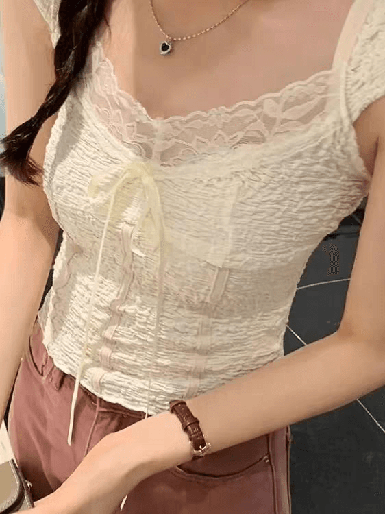 여름 프랑스식 V넥 이슬 쇄골 질감 센스 레이스 레이스 나비 매듭 패치워크 반팔 상세 이미지 7