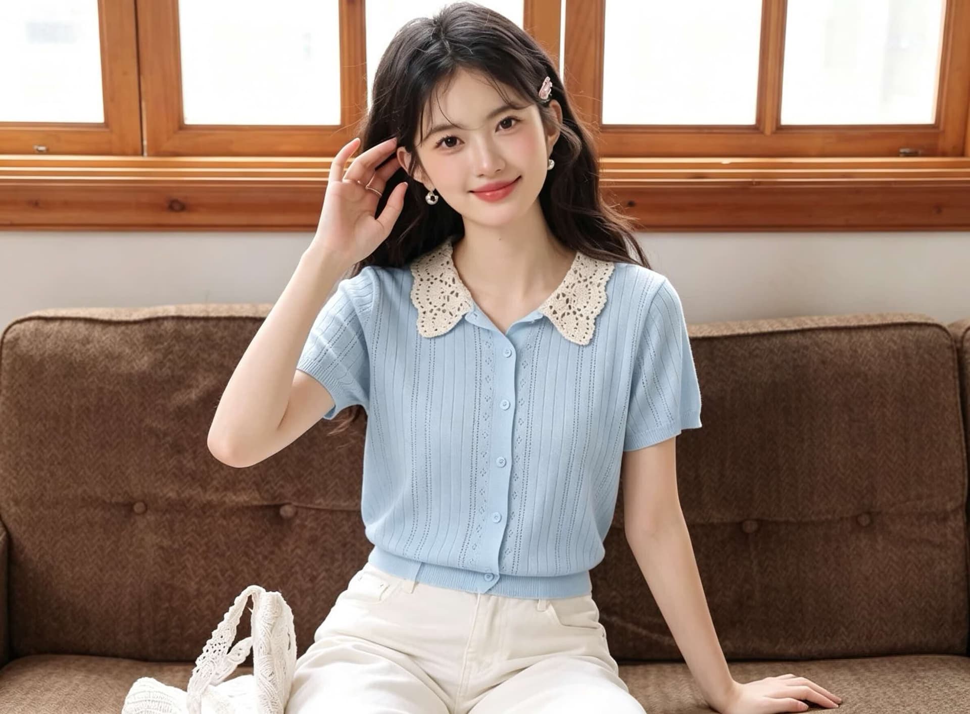 프랑스식 달콤함 연령 감소 레이스 레이스 부드러운 바람 폴로 칼라 홀로우 아웃 니트 반팔 오픈 가디건