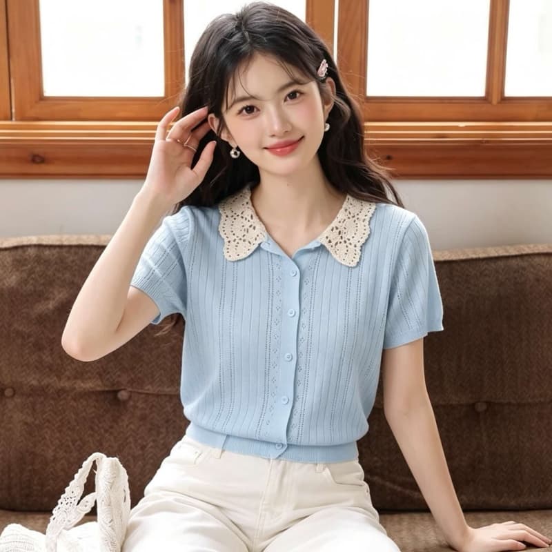 프랑스식 달콤함 연령 감소 레이스 레이스 부드러운 바람 폴로 칼라 홀로우 아웃 니트 반팔 오픈 가디건 상세 이미지 1