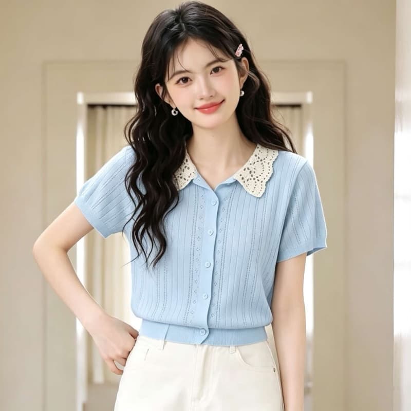프랑스식 달콤함 연령 감소 레이스 레이스 부드러운 바람 폴로 칼라 홀로우 아웃 니트 반팔 오픈 가디건 상세 이미지 2