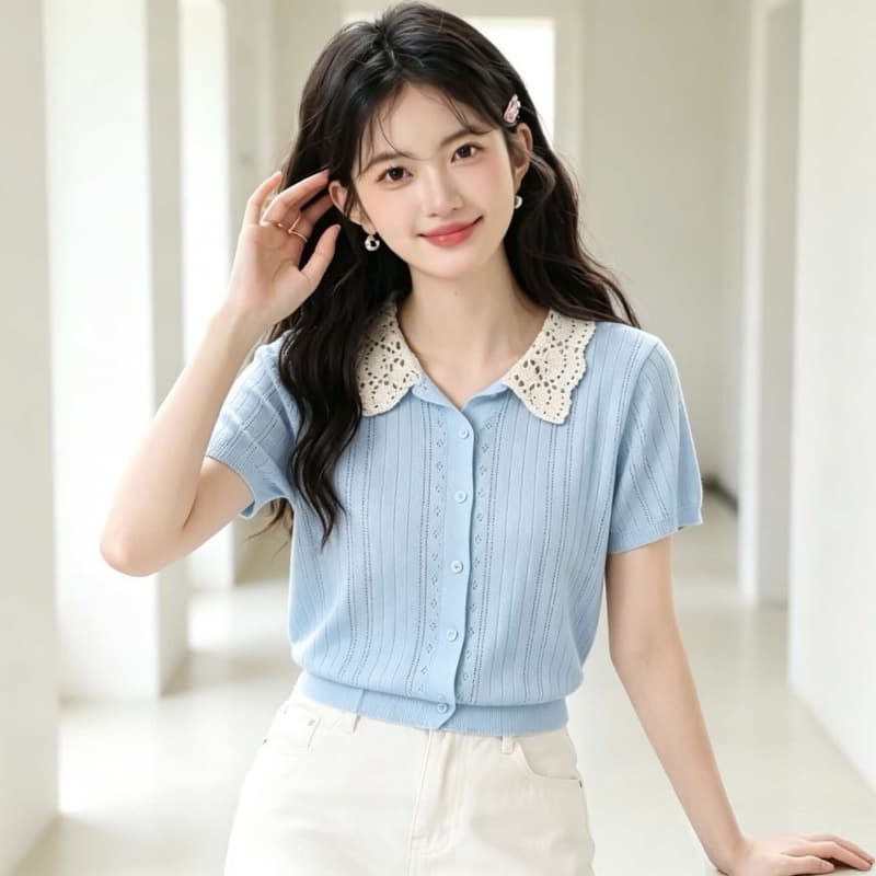 프랑스식 달콤함 연령 감소 레이스 레이스 부드러운 바람 폴로 칼라 홀로우 아웃 니트 반팔 오픈 가디건 상세 이미지 3