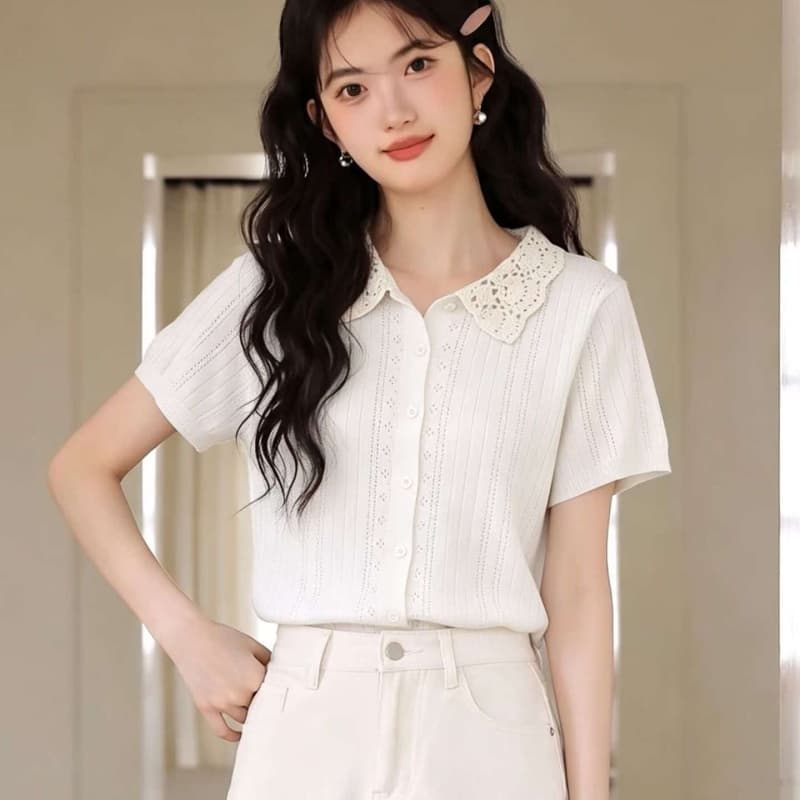 프랑스식 달콤함 연령 감소 레이스 레이스 부드러운 바람 폴로 칼라 홀로우 아웃 니트 반팔 오픈 가디건 상세 이미지 4