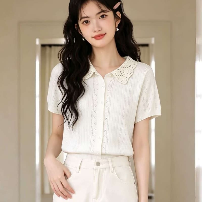 프랑스식 달콤함 연령 감소 레이스 레이스 부드러운 바람 폴로 칼라 홀로우 아웃 니트 반팔 오픈 가디건 상세 이미지 5