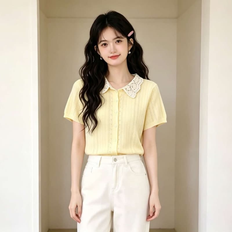 프랑스식 달콤함 연령 감소 레이스 레이스 부드러운 바람 폴로 칼라 홀로우 아웃 니트 반팔 오픈 가디건 상세 이미지 6