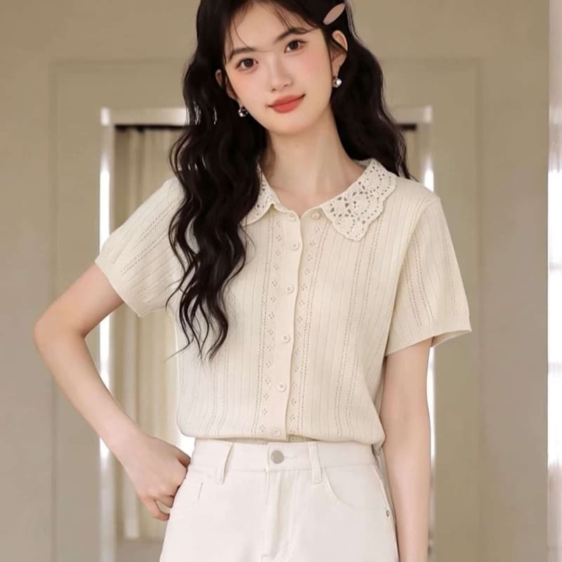 프랑스식 달콤함 연령 감소 레이스 레이스 부드러운 바람 폴로 칼라 홀로우 아웃 니트 반팔 오픈 가디건 상세 이미지 8