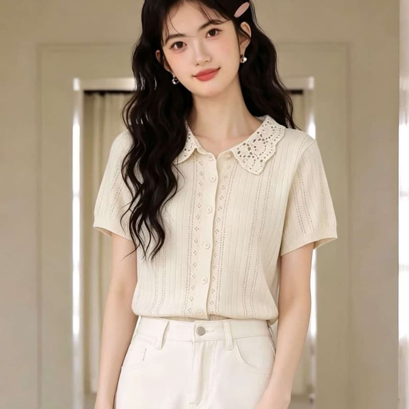 프랑스식 달콤함 연령 감소 레이스 레이스 부드러운 바람 폴로 칼라 홀로우 아웃 니트 반팔 오픈 가디건 상세 이미지 9