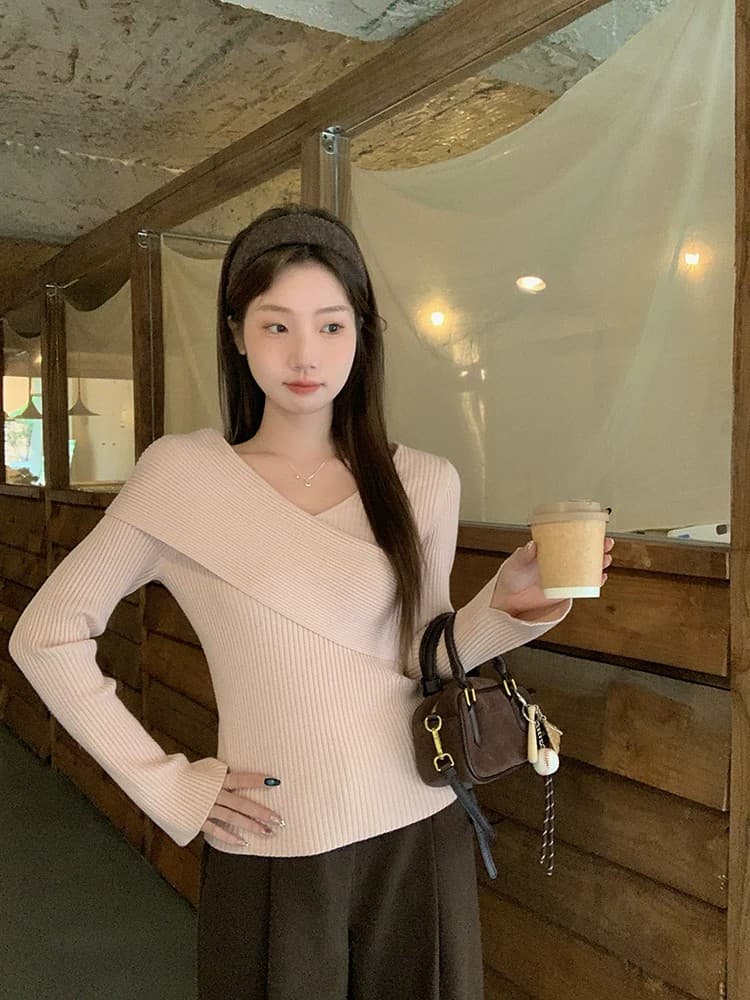 우 77 품격 핑크색 십자가 V넥 니트 스웨터 여성 겨울 몸매 가꾸기 슬림해 보이는 인사이드 가져 가라. 기본 셔츠 긴팔 맨위 새로운 상세 이미지 7
