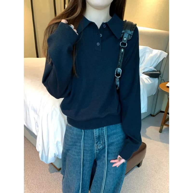 한 부서 POLO 칼라 느슨함 센스 니트 스웨터 여자 봄 가을 겨울 미니멀리즘 느긋한 기본 셔츠 루즈핏 인사이드 잡아라. 의류 이미지 5