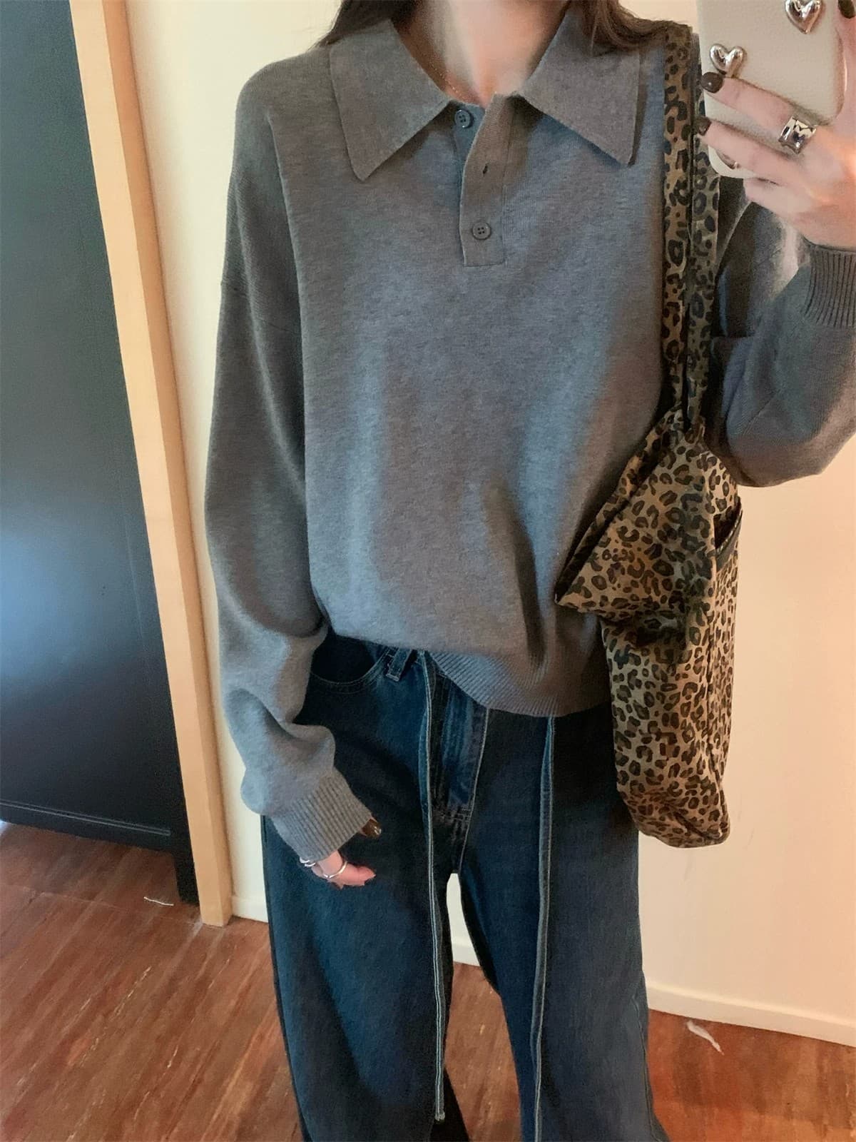 한 부서 POLO 칼라 느슨함 센스 니트 스웨터 여자 봄 가을 겨울 미니멀리즘 느긋한 기본 셔츠 루즈핏 인사이드 잡아라. 의류 상세 이미지 14