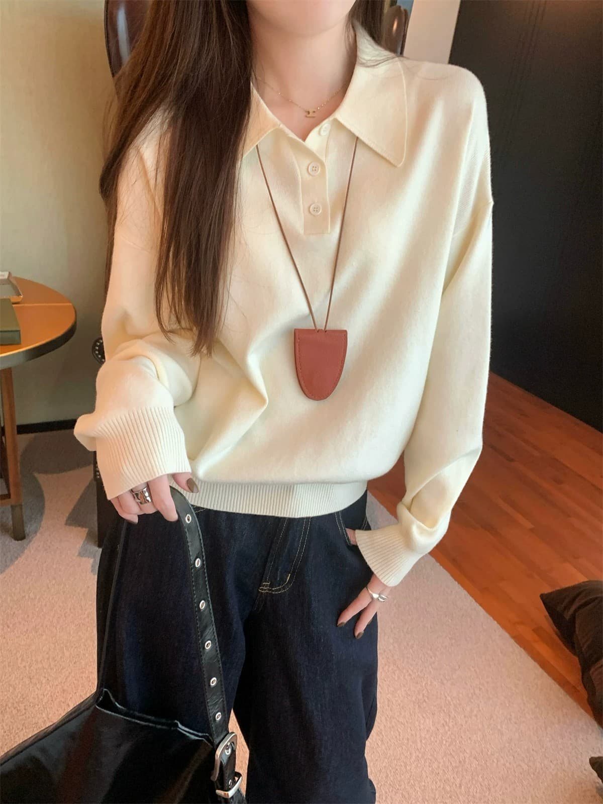 한 부서 POLO 칼라 느슨함 센스 니트 스웨터 여자 봄 가을 겨울 미니멀리즘 느긋한 기본 셔츠 루즈핏 인사이드 잡아라. 의류 상세 이미지 20