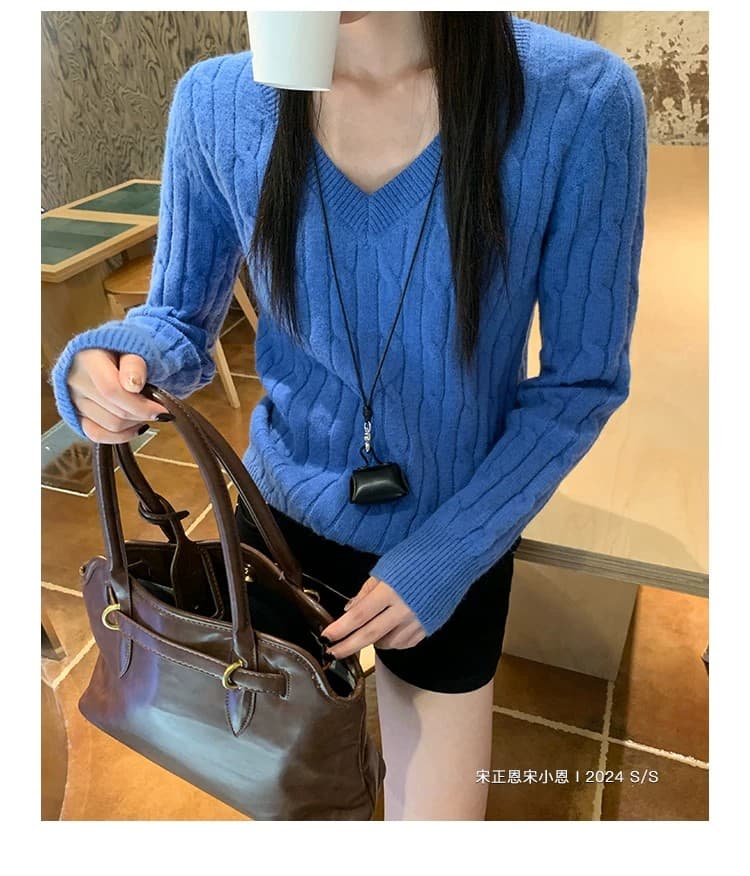 송 긍정적 인 En 살구 색상 V넥 스웨터 여자 2026 가을 꽈배기 두꺼운 루즈핏 인사이드 가져 가라. 느긋한 바람 니트 스웨터 맨위 상세 이미지 33