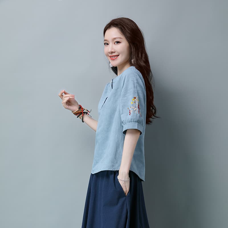 실사 재고 있음 새로운 티셔츠 여성 5 점 소매 면 루즈핏 빅 사이즈 자카드 원단 캐주얼 다용도 라운드 넥 맨위 여름 이미지 4