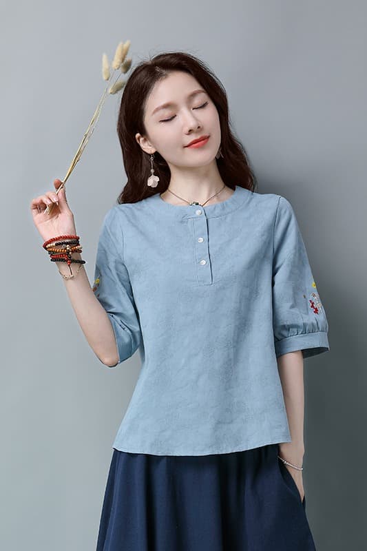 실사 재고 있음 새로운 티셔츠 여성 5 점 소매 면 루즈핏 빅 사이즈 자카드 원단 캐주얼 다용도 라운드 넥 맨위 여름 이미지 6