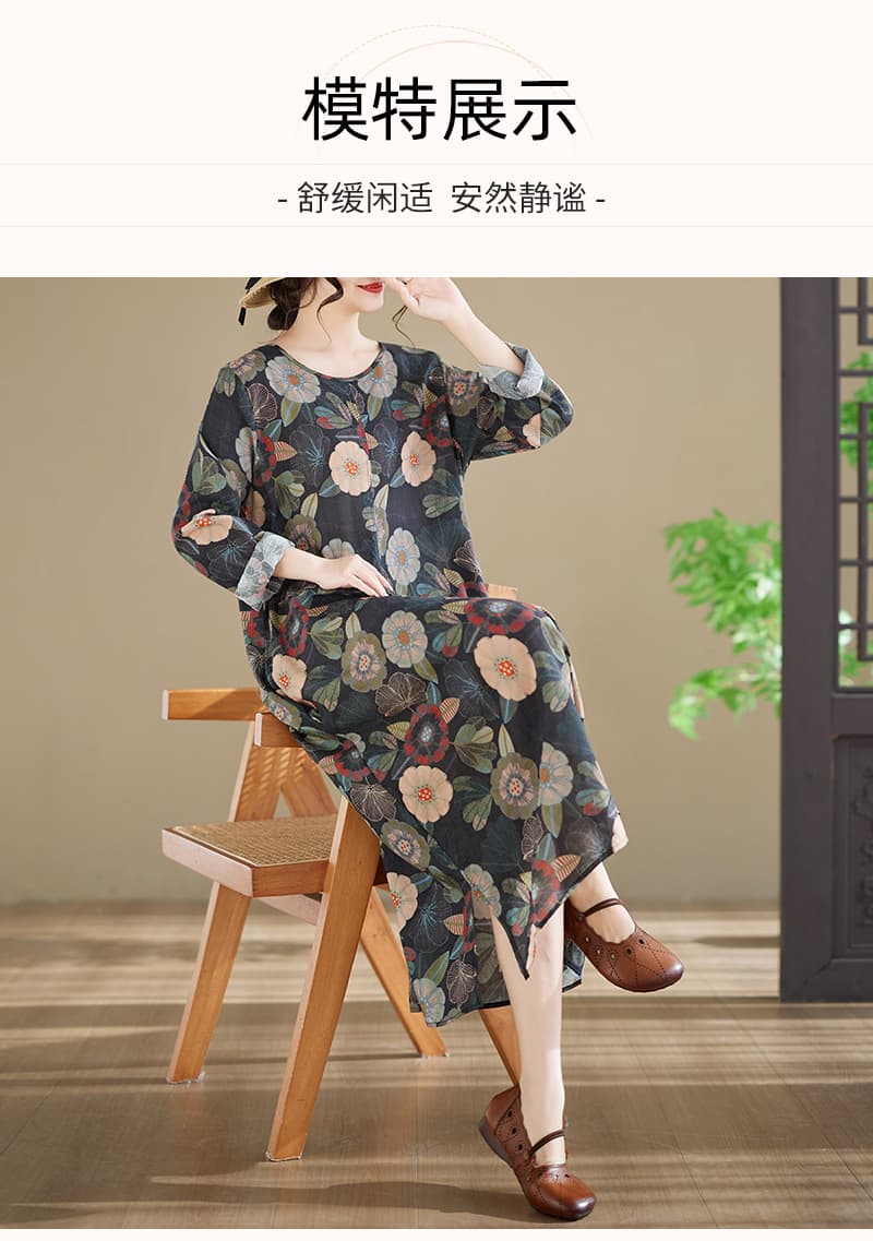 실사 새로운 프린트 긴팔 드레스 라운드 넥 빅 사이즈 여성 의류 순면 외부 싱글 롱 코트 드레스 상세 이미지 10