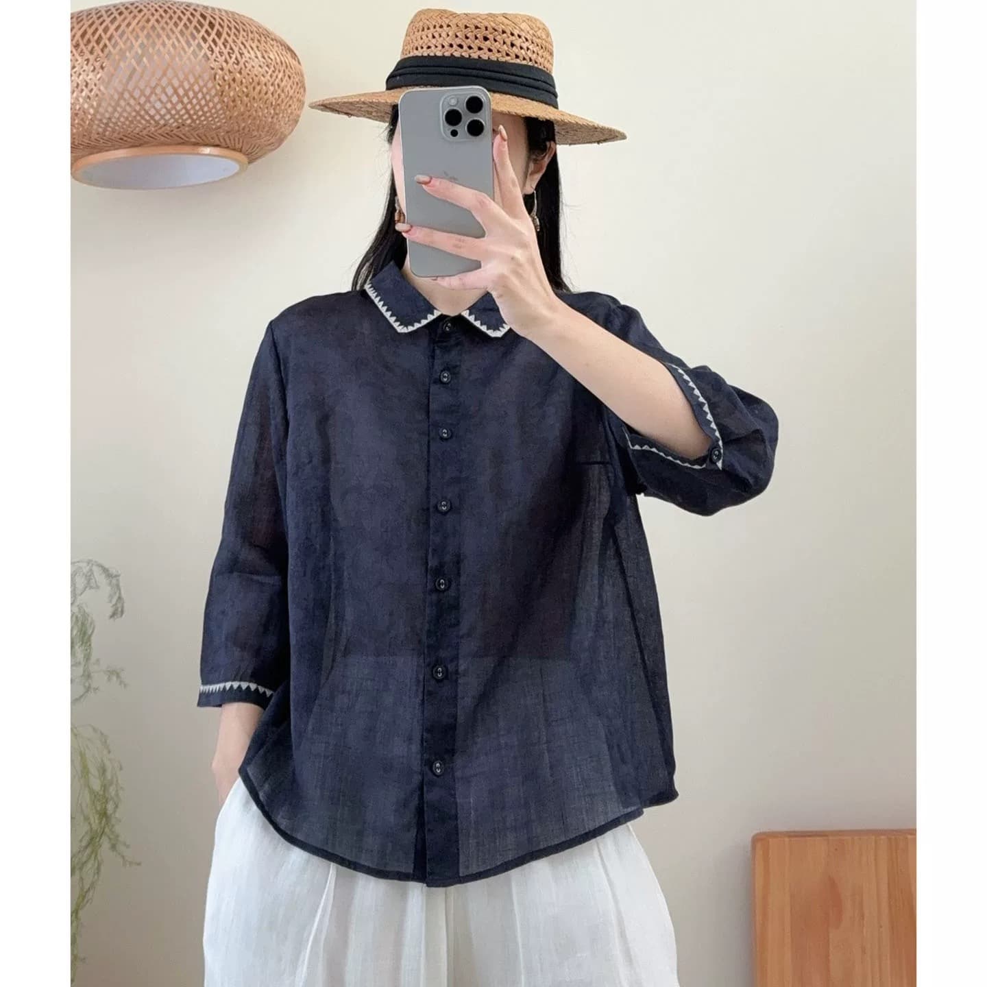 경관 그림 재고 있음 레트로 문예 여성 셔츠 2026 여름 새로운 라미 5 점 소매 작은 셔츠 루즈핏 연령 감소 맨위 상세 이미지 4