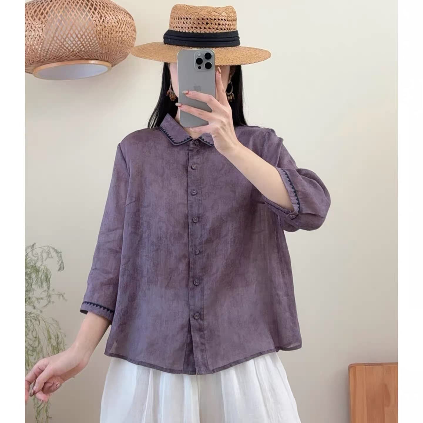 경관 그림 재고 있음 레트로 문예 여성 셔츠 2026 여름 새로운 라미 5 점 소매 작은 셔츠 루즈핏 연령 감소 맨위 상세 이미지 5