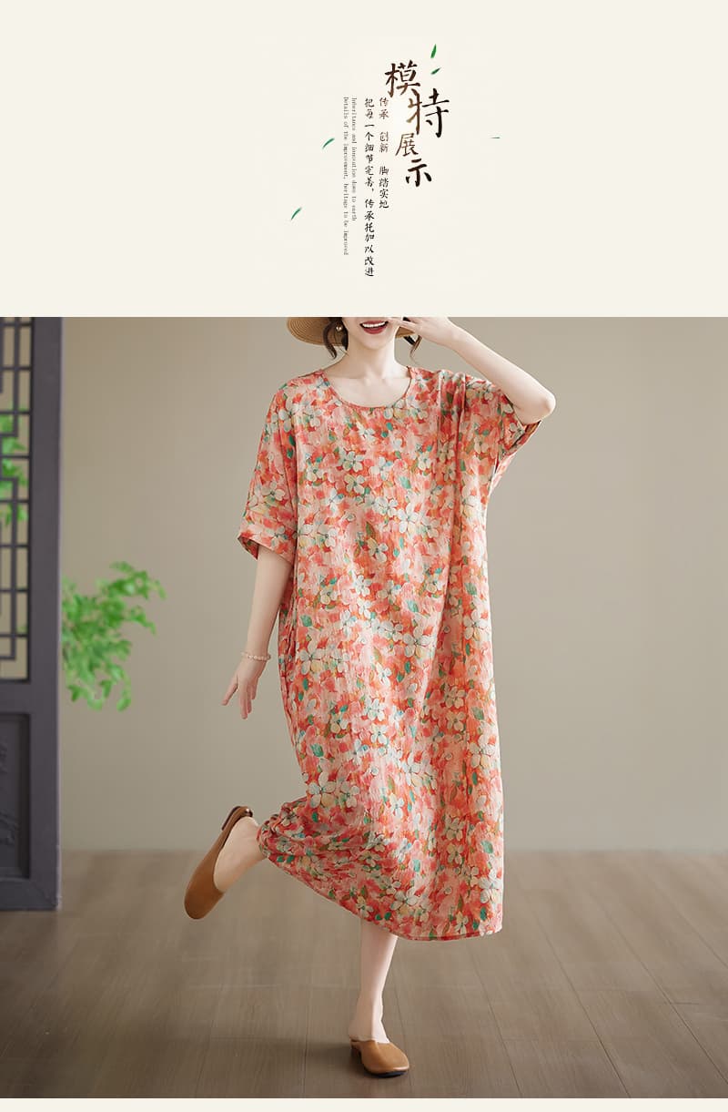 실사 재고 있음 여름 루즈핏 빅 사이즈 면 린넨 프린트 라운드 넥 반팔 무릎 아래 롱 스커트 지방 mm 디스플레이 농땡이 부리다 드레스 상세 이미지 8