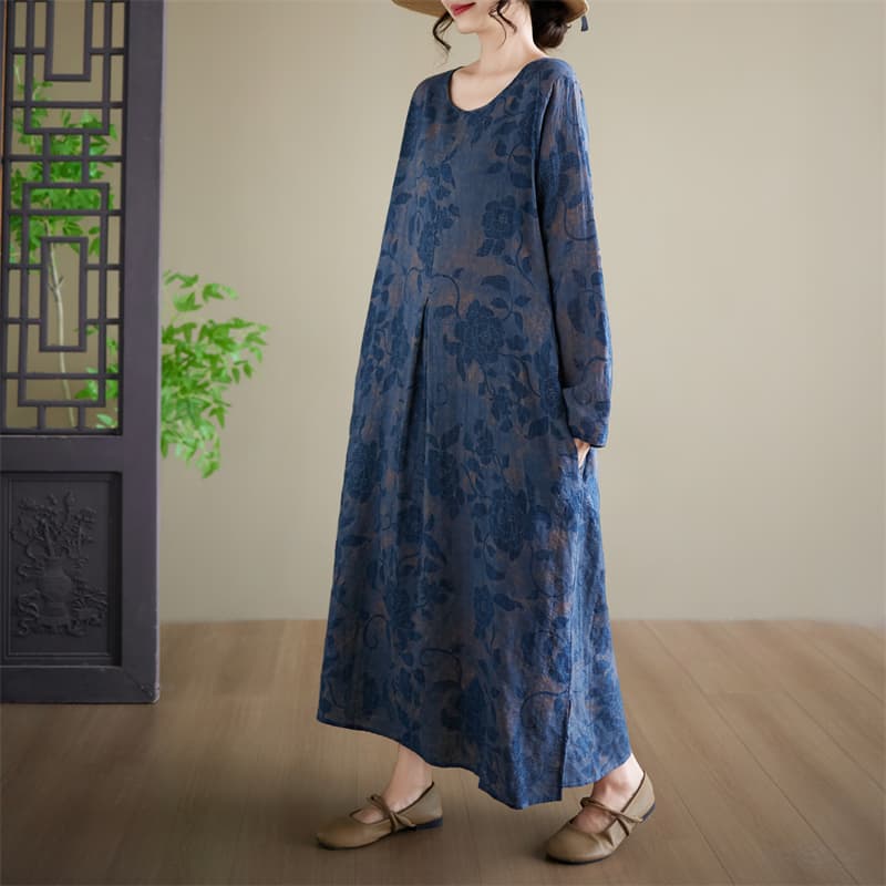 실사 새로운 프린트 긴팔 드레스 라운드 넥 빅 사이즈 여성 의류 순면 외부 싱글 롱 코트 드레스 이미지 2