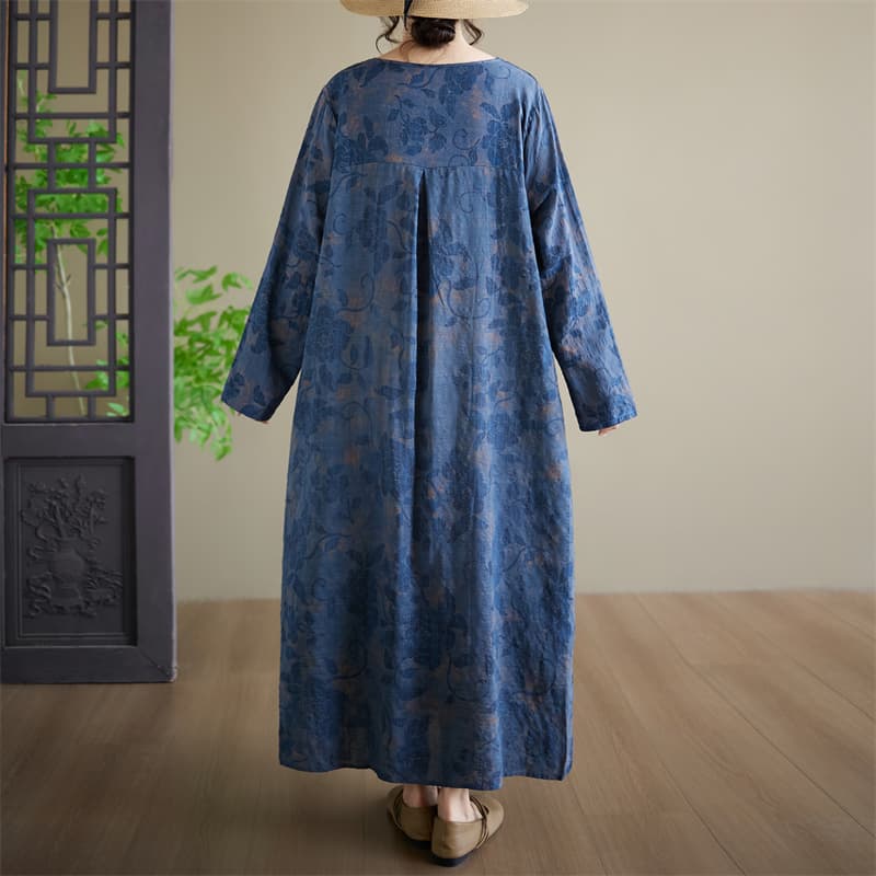 실사 새로운 프린트 긴팔 드레스 라운드 넥 빅 사이즈 여성 의류 순면 외부 싱글 롱 코트 드레스 상세 이미지 15