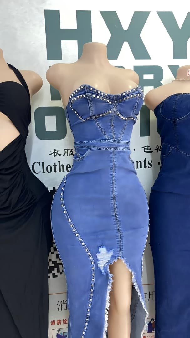 국경 간 전기 사업 AliExpress 그리스어 톤 대외 무역 높음 폭탄 워싱 찢어진 오프숄더 데님 스커트 드레스 상세 이미지 5