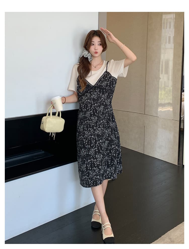 실사 xian 2026 여름 드레스 프랑스식 휴가 바람 슬림해 보이는 품격 루즈핏 빅 사이즈 페이크 레이어드 드레스 상세 이미지 17