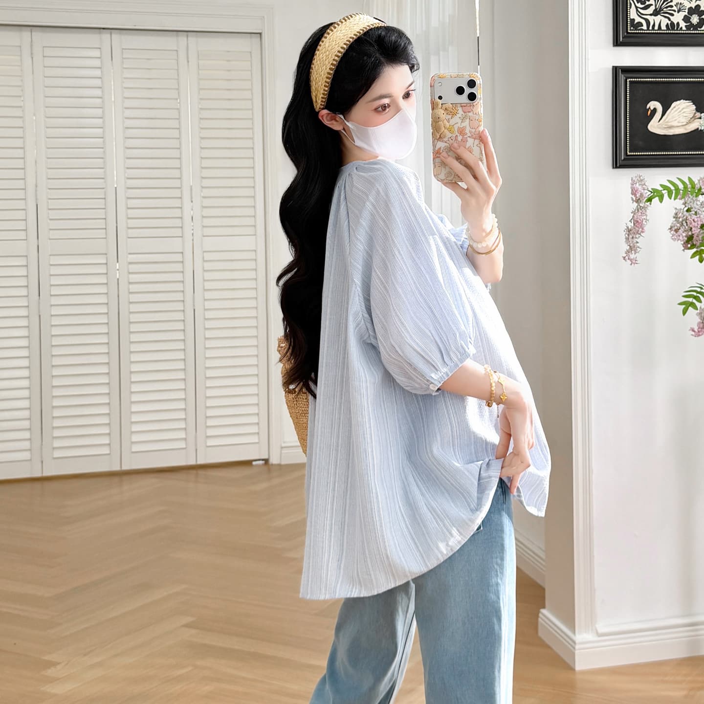 실사 2026 여름 프랑스식 질감 센스 baby 하늘색 신선함 반팔 연령 감소 셔츠 이미지 4