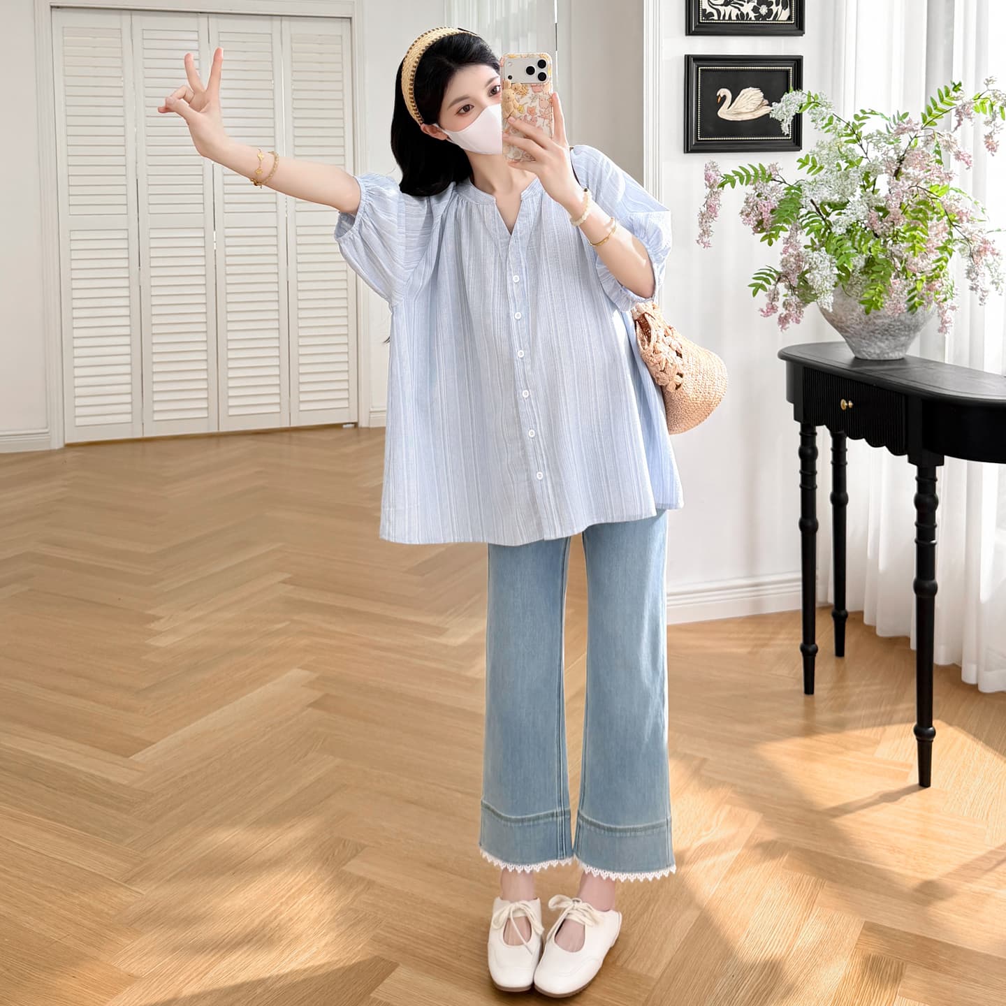 실사 2026 여름 프랑스식 질감 센스 baby 하늘색 신선함 반팔 연령 감소 셔츠 이미지 5