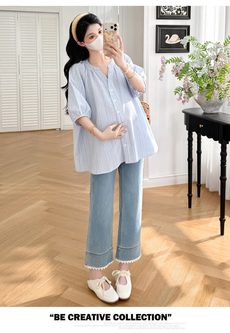 실사 2026 여름 프랑스식 질감 센스 baby 하늘색 신선함 반팔 연령 감소 셔츠 상세 이미지 12