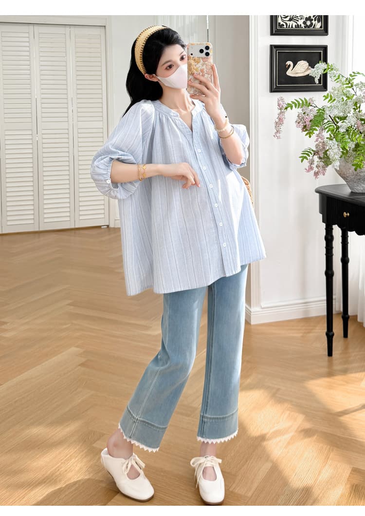실사 2026 여름 프랑스식 질감 센스 baby 하늘색 신선함 반팔 연령 감소 셔츠 상세 이미지 15