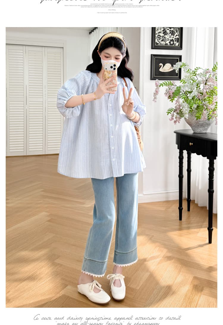 실사 2026 여름 프랑스식 질감 센스 baby 하늘색 신선함 반팔 연령 감소 셔츠 상세 이미지 17