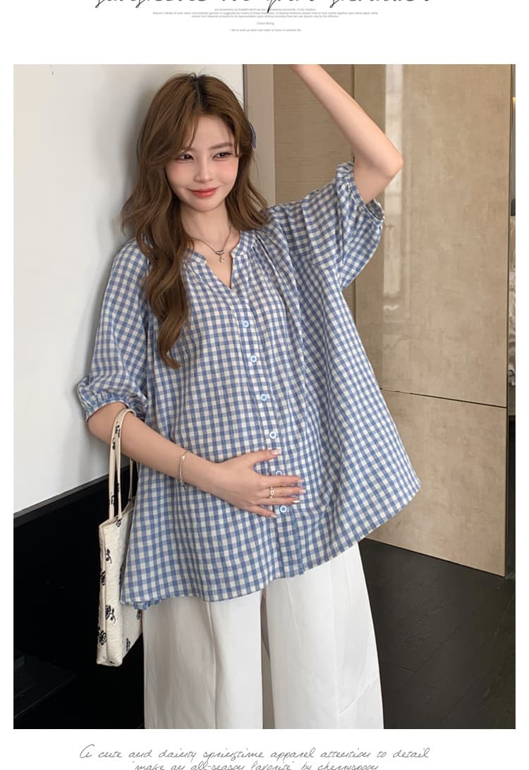 실사 2026 여름 프랑스식 질감 센스 baby 하늘색 신선함 체크무늬 반팔 연령 감소 셔츠 상세 이미지 17