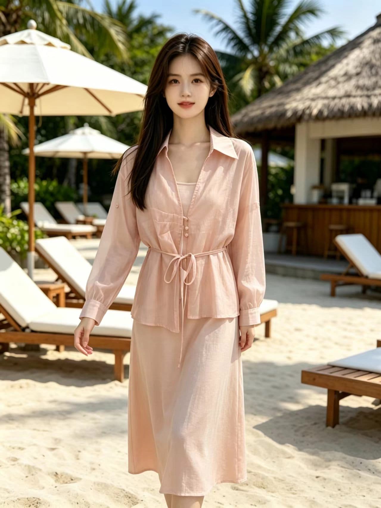 카운터 품질 재고 있음 2026 여름 새로운 레이스업 허리 수축 셔츠 슬립 드레스 슬림해 보이는 자외선 차단 패션 투피스 슈트 상세 이미지 1