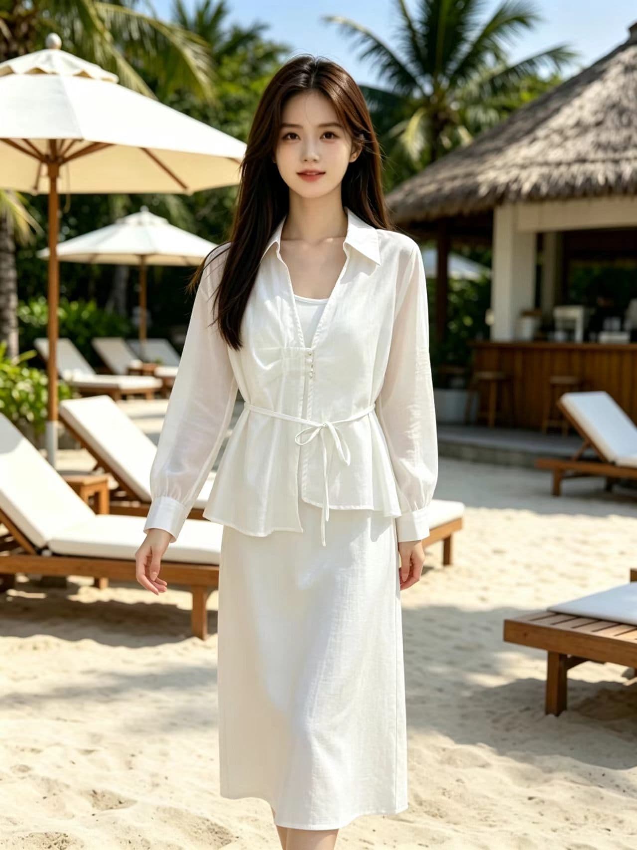 카운터 품질 재고 있음 2026 여름 새로운 레이스업 허리 수축 셔츠 슬립 드레스 슬림해 보이는 자외선 차단 패션 투피스 슈트 상세 이미지 4
