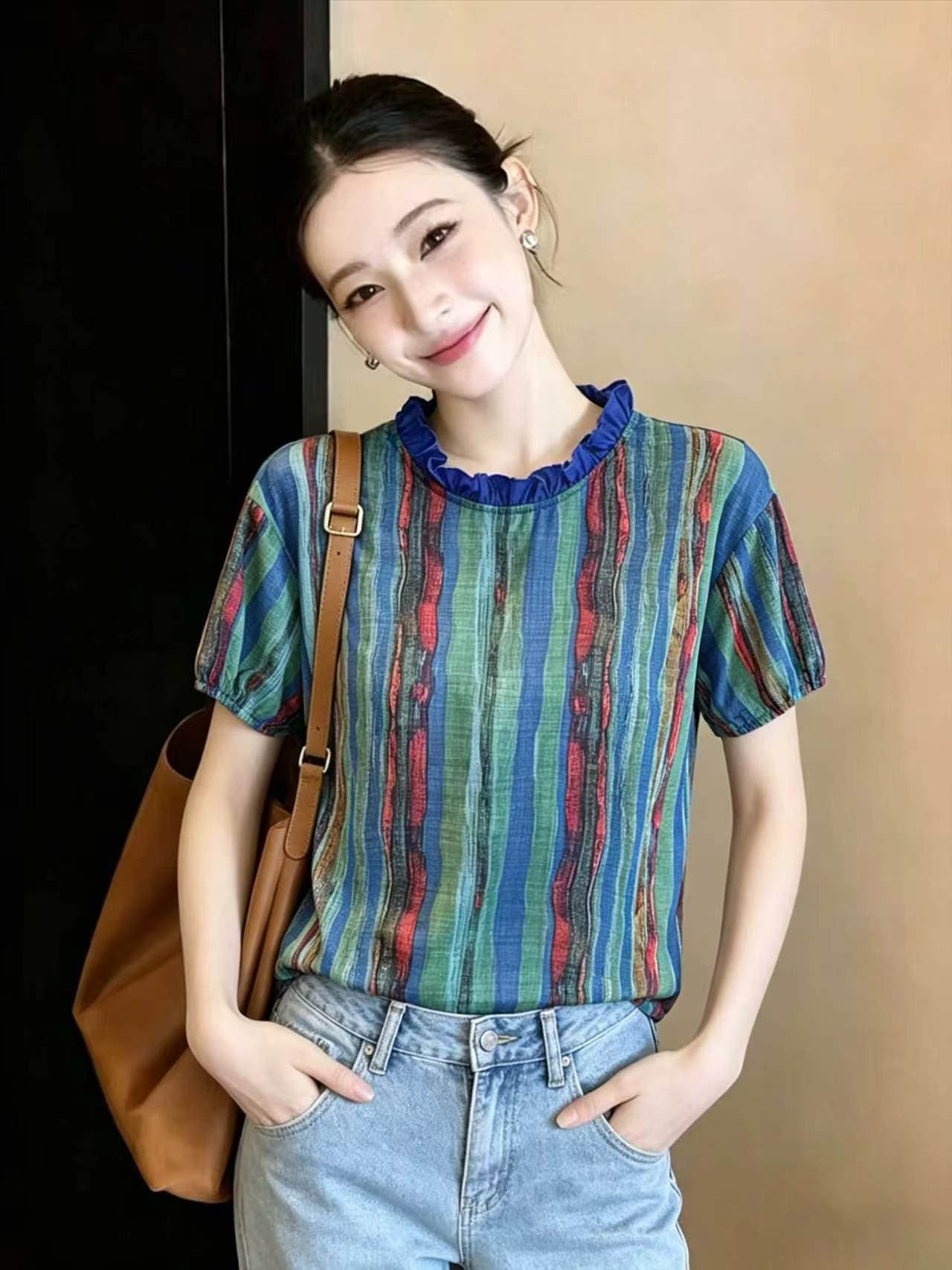 재고 있음 2026 프릴 반팔 작은 셔츠 여성 여름 레트로 이후 진자 트임 슬림해 보이는 라운드 넥 배색 맨위 상세 이미지 1