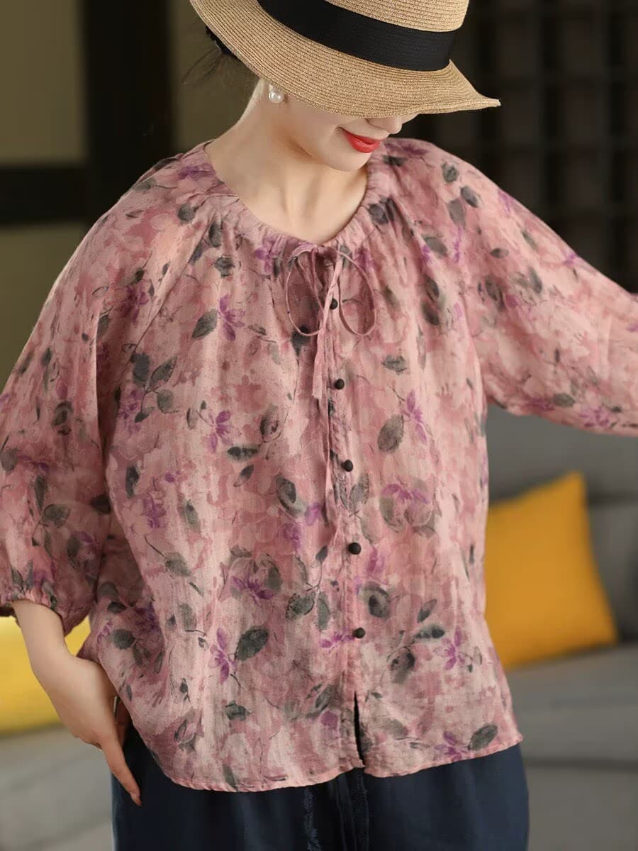2026 레트로 프린트 라미 셔츠 펌프 로프 레이스업 라운드 넥 셔츠 싱글 줄 버튼 꽃무늬 얇은 스타일 자외선 차단 맨위 여름 이미지 2