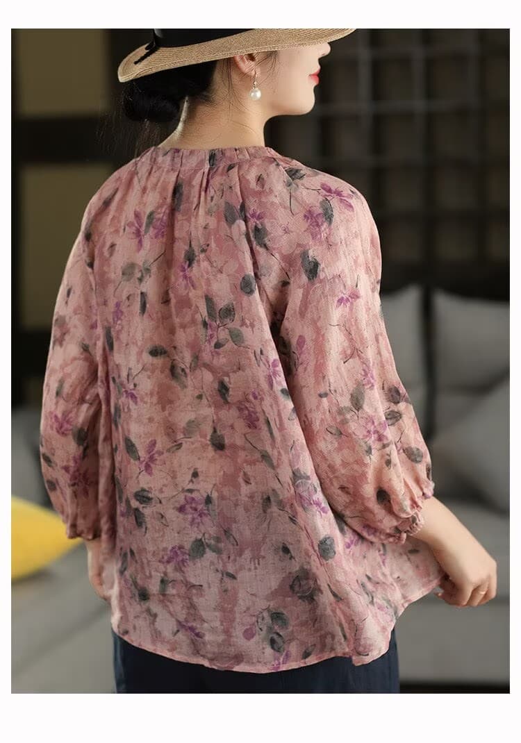2026 레트로 프린트 라미 셔츠 펌프 로프 레이스업 라운드 넥 셔츠 싱글 줄 버튼 꽃무늬 얇은 스타일 자외선 차단 맨위 여름 이미지 4