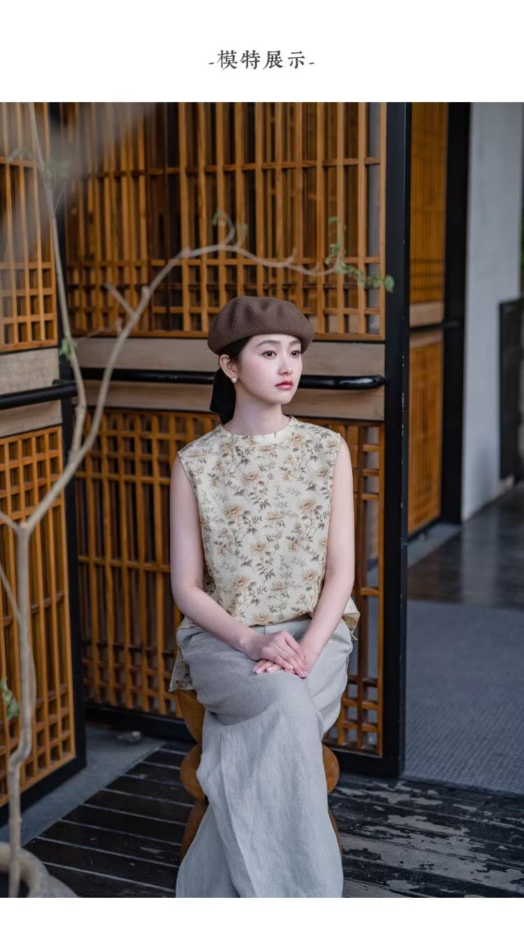 2026 여름 문예 레트로 윤진 전체 바닥 프린트 실크 면 민소매 조끼 꽃 세트 틀리지 않아. 상세 이미지 3