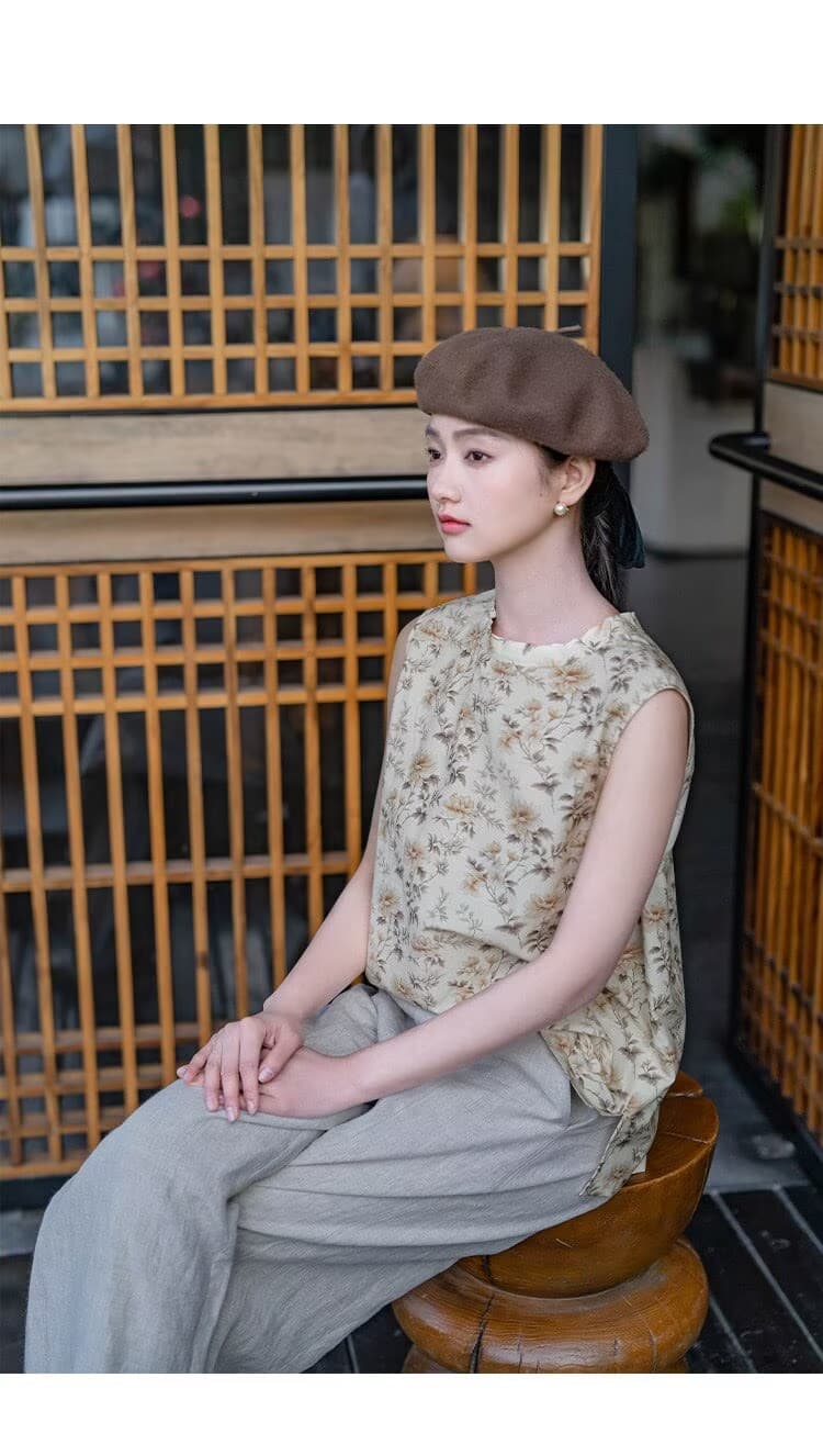 2026 여름 문예 레트로 윤진 전체 바닥 프린트 실크 면 민소매 조끼 꽃 세트 틀리지 않아. 상세 이미지 6