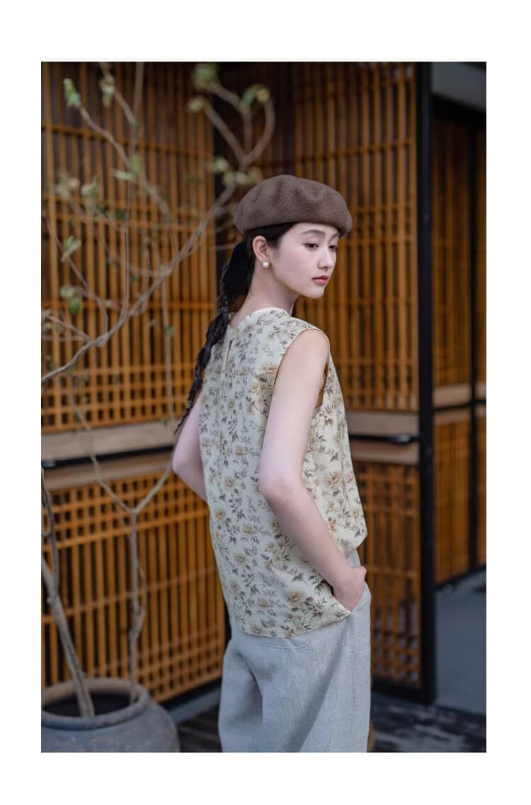2026 여름 문예 레트로 윤진 전체 바닥 프린트 실크 면 민소매 조끼 꽃 세트 틀리지 않아. 상세 이미지 24
