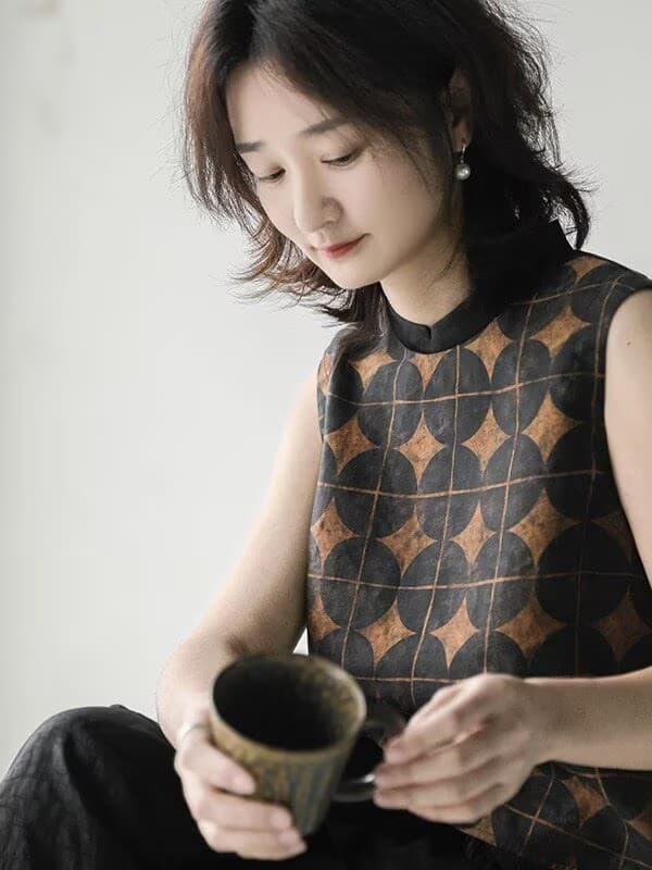 샹윈사 라운드 넥 프린트 맨위 여성 영 섹션 2026 여름 새로운 뽕나무 누에 실크 민소매 조끼 이미지 4