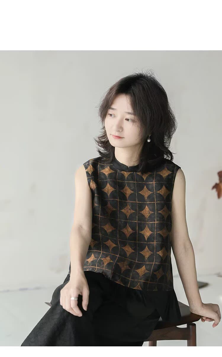 샹윈사 라운드 넥 프린트 맨위 여성 영 섹션 2026 여름 새로운 뽕나무 누에 실크 민소매 조끼 상세 이미지 11