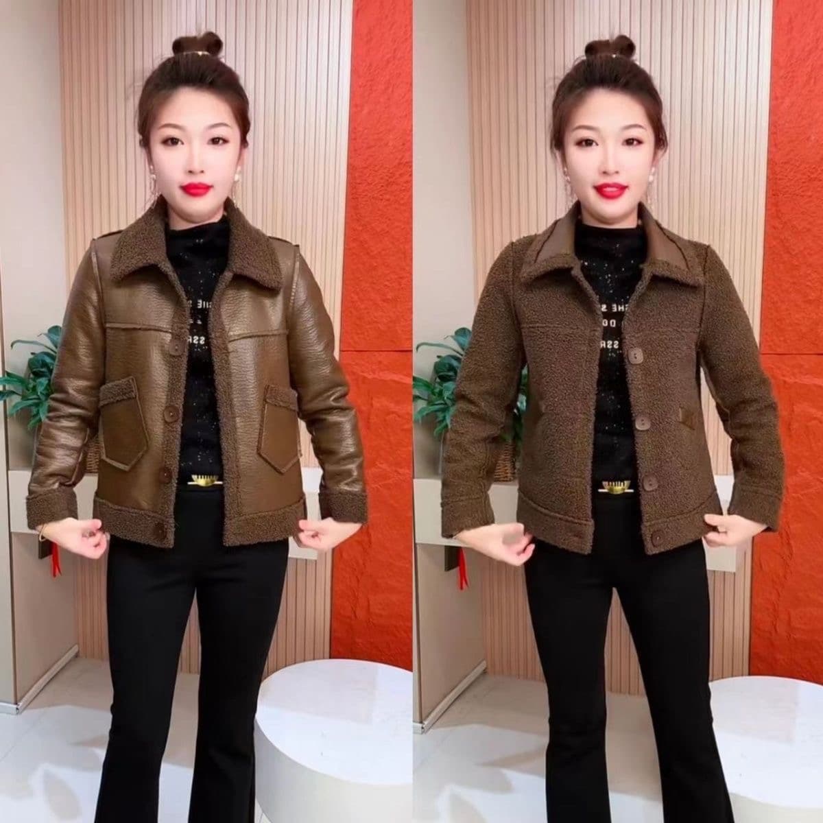 가을 겨울 새로운 털이 있고 두꺼운 인터넷 유명인 pu 가죽 자켓 모방 양털 피모 하나 양면 착용 여성 코트 상세 이미지 22