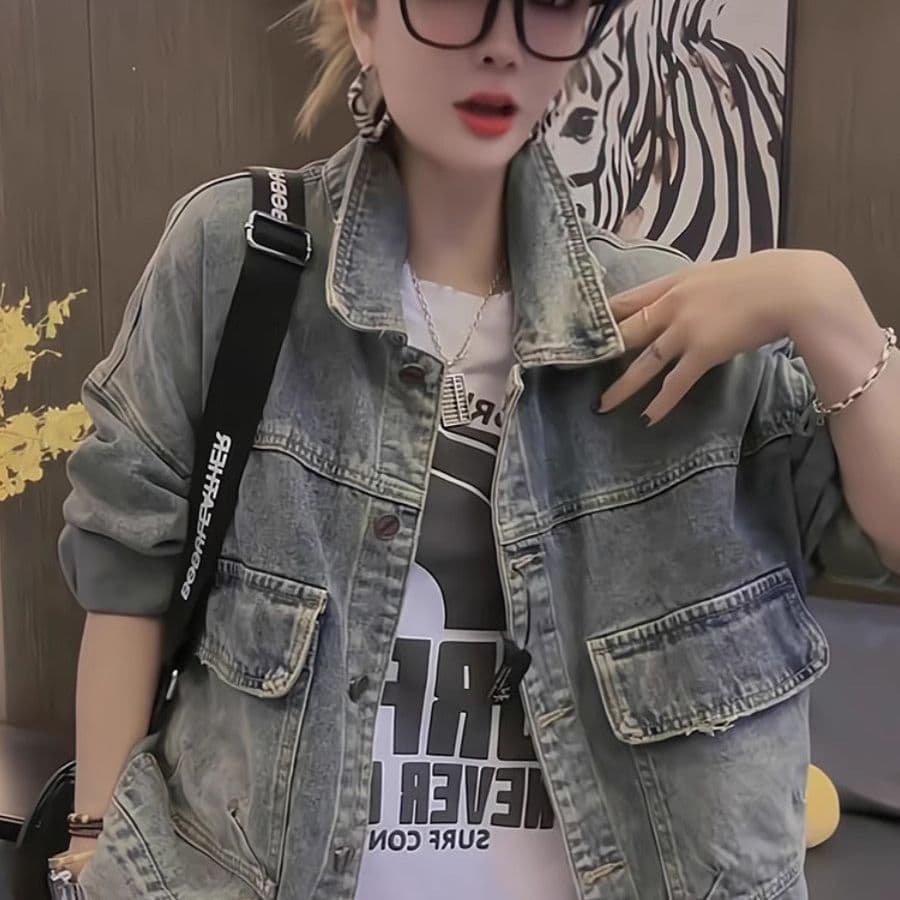 2026 봄 가을 새로운 유럽 상품 루즈핏 빅 사이즈 패션 데님 여성 코트 쇼트 스타일 레트로 노스탤지어 캐주얼 맨위 상세 이미지 9