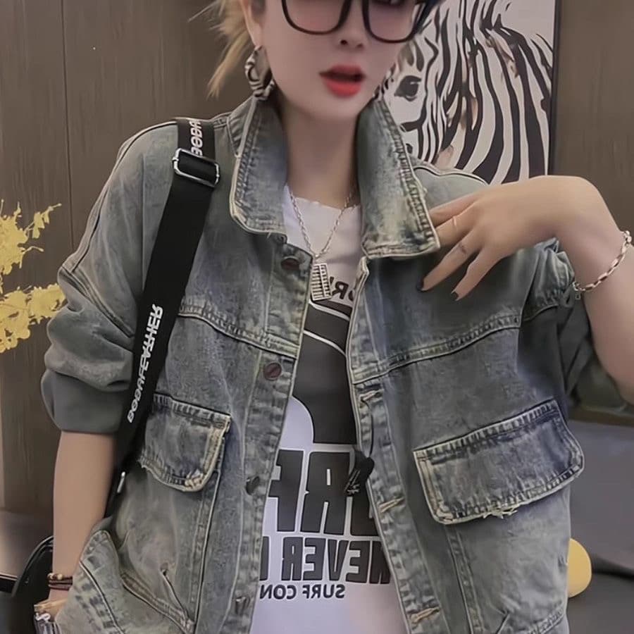 2026 봄 가을 새로운 유럽 상품 루즈핏 빅 사이즈 패션 데님 여성 코트 쇼트 스타일 레트로 노스탤지어 캐주얼 맨위 상세 이미지 13