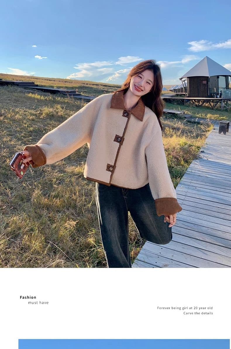 두꺼운 쇼트 스타일 스웨이드 원단 맨위 피모 하나 수 있습니다. 양면 착용 양털 여성 코트 작은 키 패션 품격 상세 이미지 7