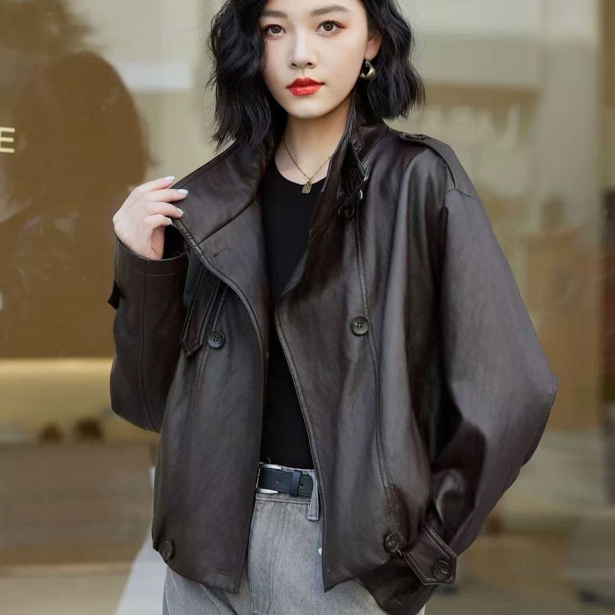 아메리칸 고급 가죽 재킷 재킷 여성 짧은 2026 가을 새로운 스탠드 칼라 품격 오토바이 서비스 가죽 재킷 재킷 외국 가스 상세 이미지 9