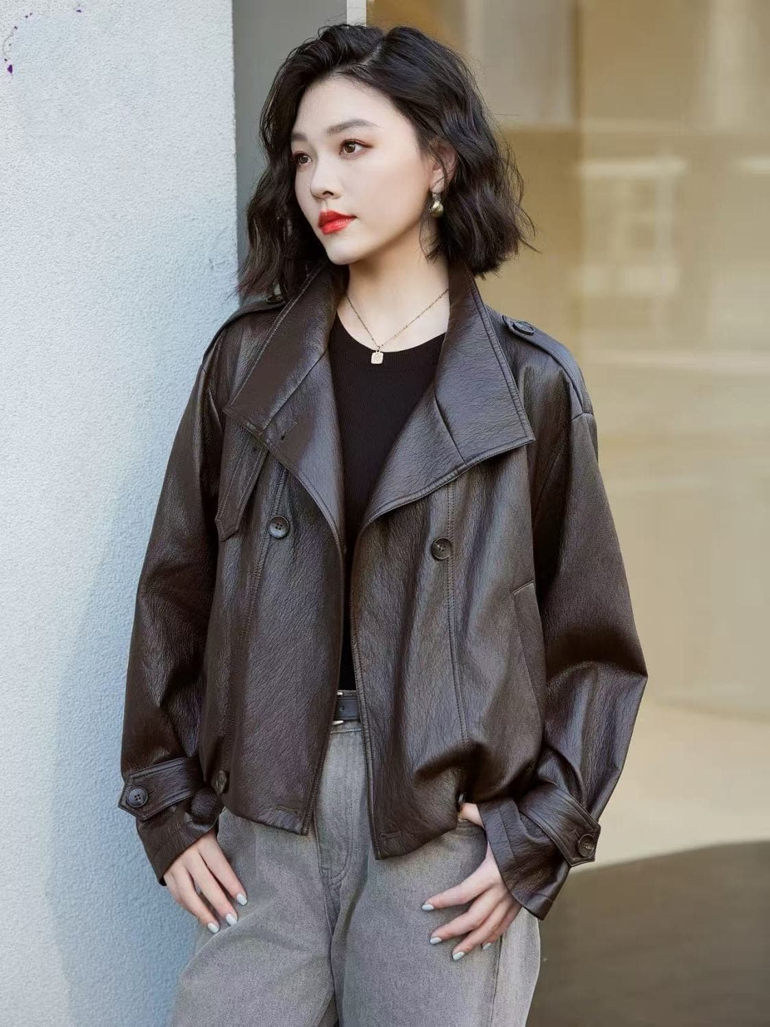 아메리칸 고급 가죽 재킷 재킷 여성 짧은 2026 가을 새로운 스탠드 칼라 품격 오토바이 서비스 가죽 재킷 재킷 외국 가스 상세 이미지 13